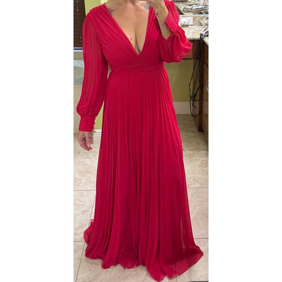 Bagdley Mischka Plisse pleated chiffon formal gown ($795) Pink long sleeve 2 - Picture 2 of 11